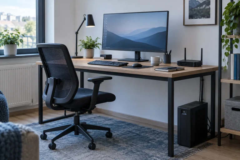 Kompakt szünetmentes tápegység számítógép és router mellett egy otthoni irodában