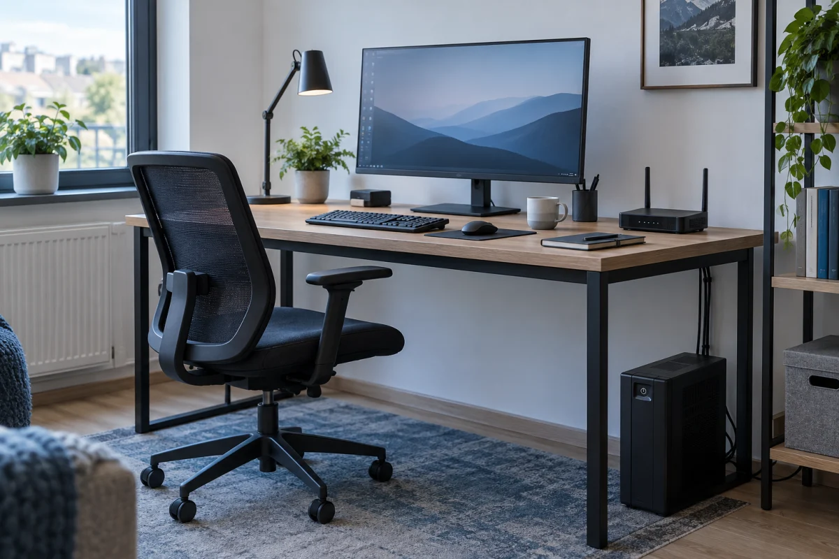 Kompakt szünetmentes tápegység számítógép és router mellett egy otthoni irodában